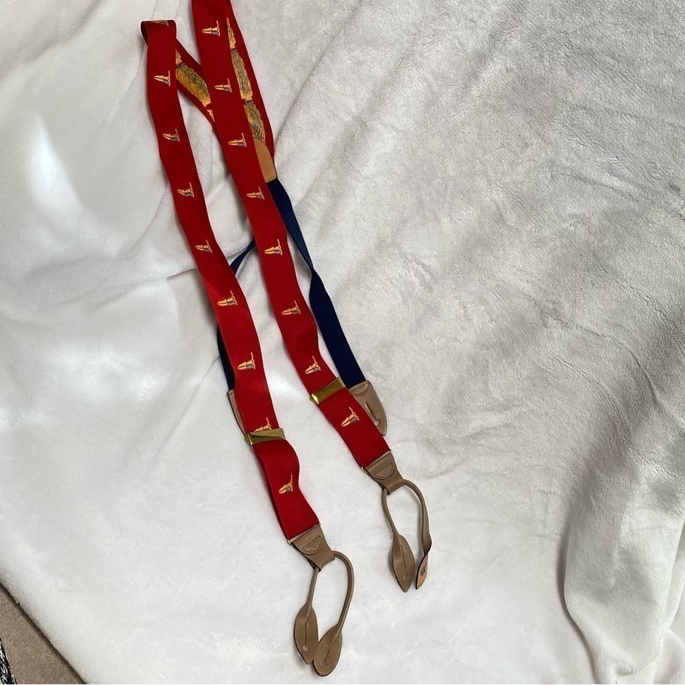 Vintage Cole Haan Red with yellow sailboats suspenders with leather clasps